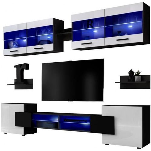 Meuble Tv Foggia Komodee - Led Bleues - Blanc Brillant Et Noir - Facades En Brillant - 230 X 195 X 35 Cm