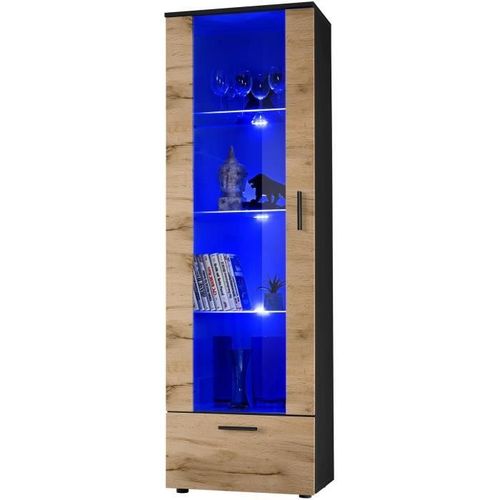 Vitrine Armoire Alessandria Komodee - Led Bleues - Bois Naturel Mat Et Noir - Facades En Mat - 60 X 192 X 42 Cm
