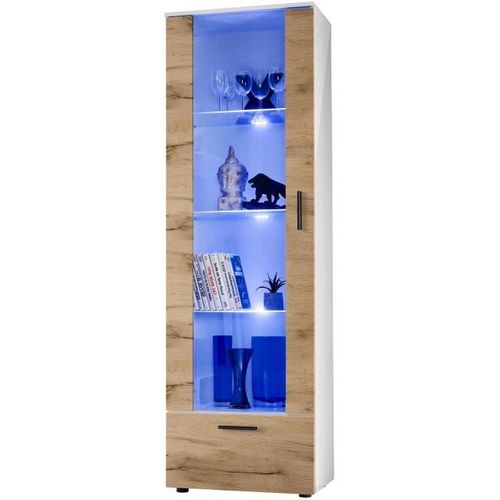 Vitrine Armoire Alessandria Komodee - Led Bleues - Bois Naturel Mat Et Blanc - Facades En Mat - 60 X 192 X 42 Cm