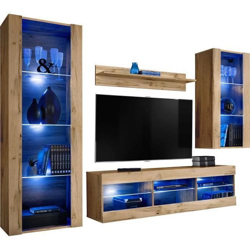 Meuble Tv Tivoli Set Medio Komodee - Led Bleues - Bois Naturel Mat Et Bois Naturel - 195x159x35 Cm