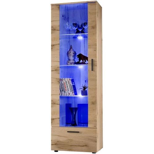 Vitrine Armoire Alessandria Komodee - Led Bleues - Bois Naturel Mat - Facades En Mat - 60 X 192 X 42 Cm