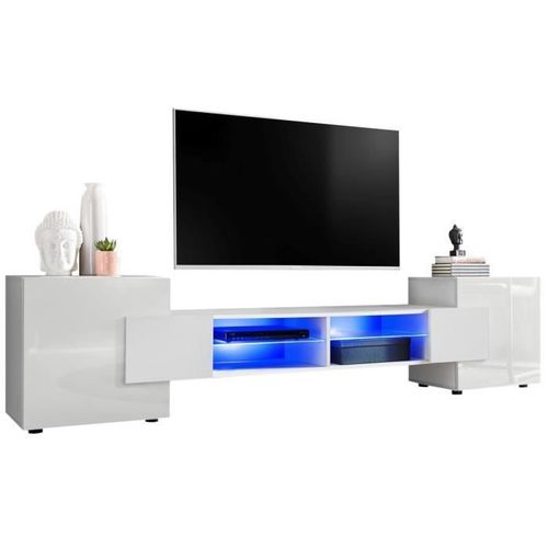 Banc Tv Merano Version 1 Komodee - Led Bleues - Blanc Brillant Et Blanc - 230 X 53 X 35 Cm