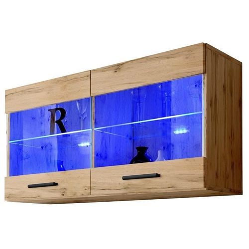 Vitrine Armoire Savona Komodee - Led Bleues - Bois Naturel Mat - Facades En Matt - 100 X 50 X 30 Cm