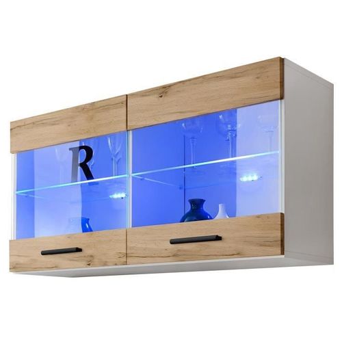 Vitrine Armoire Savona Komodee - Led Bleues - Bois Naturel Mat Et Blanc - Facades En Matt - 100 X 50 X 30 Cm