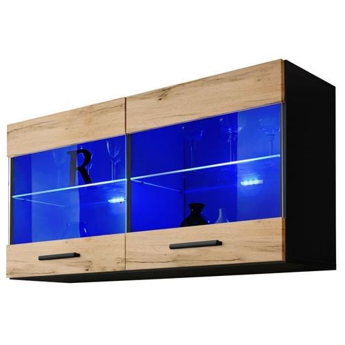 Vitrine Armoire Savona Komodee - Led Bleues - Bois Naturel Mat Et Noir - Facades En Matt - 100 X 50 X 30 Cm