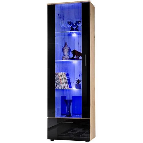 Vitrine Armoire Alessandria Komodee - Led Bleues - Noir Brillant Et Bois Naturel - Facades En Brillant - 60 X 192 X 42 Cm