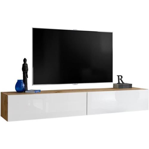 Meuble Tv T34-200 Extreme Furniture - Blanc Brillant & Bois Naturel - Façades En Brillant - L200cmxh30cmxp41cm