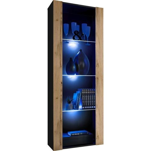 Vitrine Armoire Tivoli Komodee - Led Bleues - Bois Naturel Mat & Noir - L55cmxh159cmxp35cm