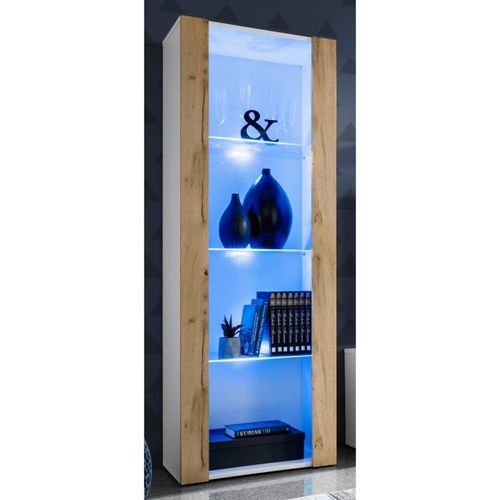 Vitrine Armoire Komodee Tivoli - Led Bleues - Bois Naturel Et Blanc - 55 X 159 X 35 Cm