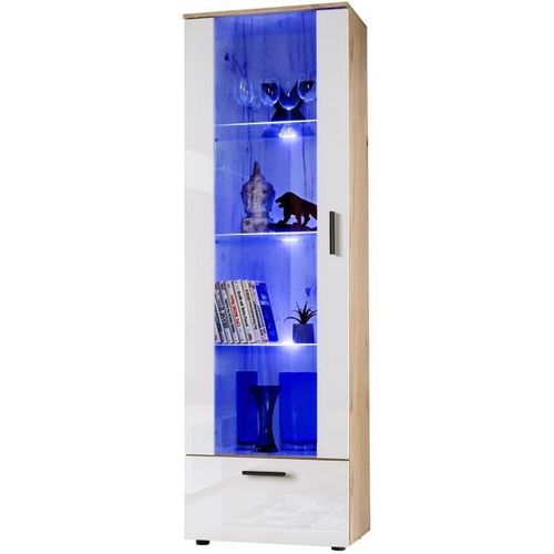 Vitrine Armoire Alessandria Komodee - Led Bleues - Blanc Brillant Et Bois Naturel - Facades En Brillant - 60 X 192 X 42 Cm