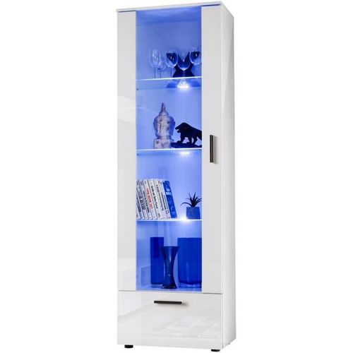 Vitrine Armoire Alessandria Komodee - Led Bleues - Blanc Brillant Et Blanc - Facades En Brillant - 60 X 192 X 42 Cm