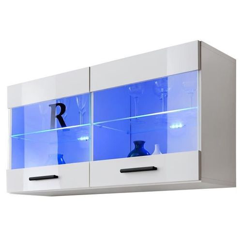 Vitrine Murale Komodee Savona - Led Bleues - Blanc Brillant Et Blanc - Facades Brillant - 100 X 50 X 30 Cm