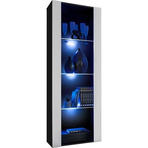 Vitrine Armoire Komodee Tivoli - Led Bleues - Blanc Et Noir - 55 X 159 X 35 Cm