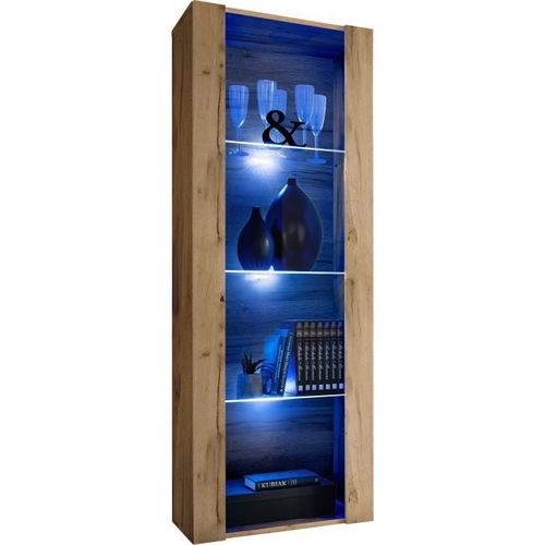 Vitrine Armoire Komodee Tivoli - Led Bleues - Bois Naturel - 55 X 159 X 35 Cm