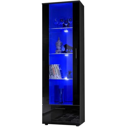 Vitrine Armoire Alessandria Komodee - Led Bleues - Noir Brillant Et Noir - Facades En Brillant - 60 X 192 X 42 Cm