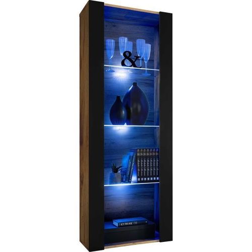 Vitrine Armoire Komodee Tivoli - Led Bleues - Noir Et Bois Naturel - 55 X 159 X 35 Cm