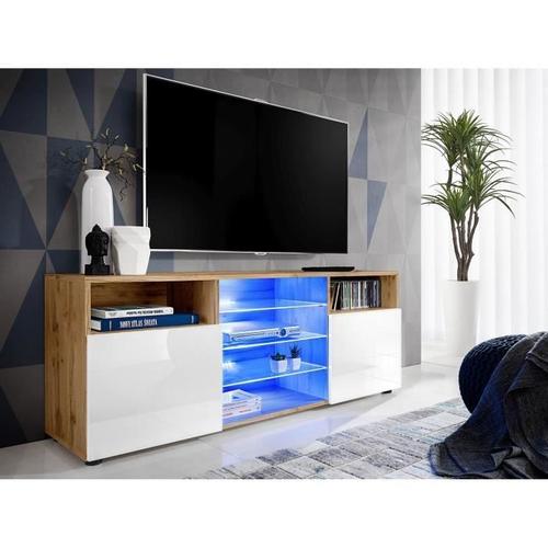 Meuble Tv T38 Extreme Furniture - Blanc Brillant & Bois Naturel - Façades En Brillant - L140cmxh53cmxp35cm