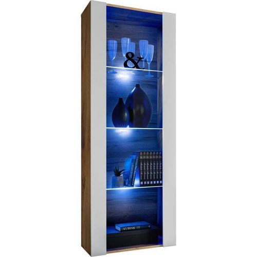 Vitrine Armoire Komodee Tivoli - Led Bleues - Blanc Et Bois Naturel - 55 X 159 X 35 Cm