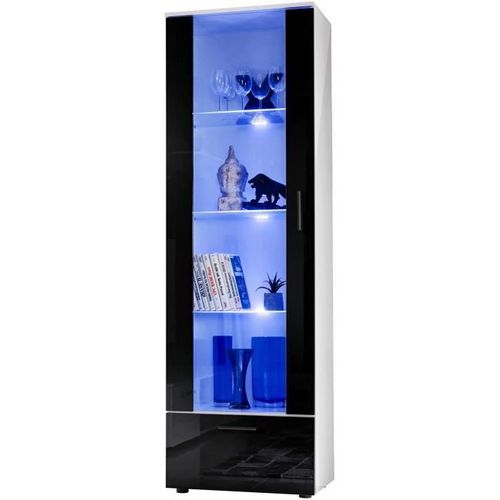 Vitrine Armoire Alessandria Komodee - Led Bleues - Noir Brillant Et Blanc - Facades En Brillant - 60 X 192 X 42 Cm