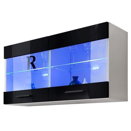 Vitrine Murale Komodee Savona - Led Bleues - Noir Brillant Et Blanc - Facades Brillant - 100 X 50 X 30 Cm