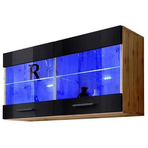 Vitrine Armoire Savona Komodee - Led Bleues - Noir Brillant Et Bois Naturel - Facades En Brillant - 100 X 50 X 30 Cm