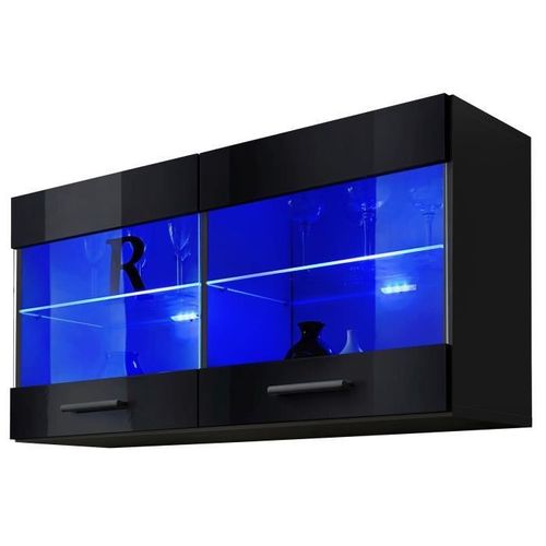 Vitrine Murale Komodee Savona - Led Bleues - Noir Brillant Et Noir - Facades Brillant - 100 X 50 X 30 Cm