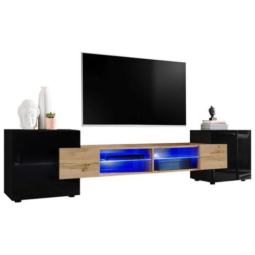 Meuble Tv Bridge V1 Extremefurniture - Led Bleues - Bois Naturel Mat & Noir - L230cm X H50cm X P35cm