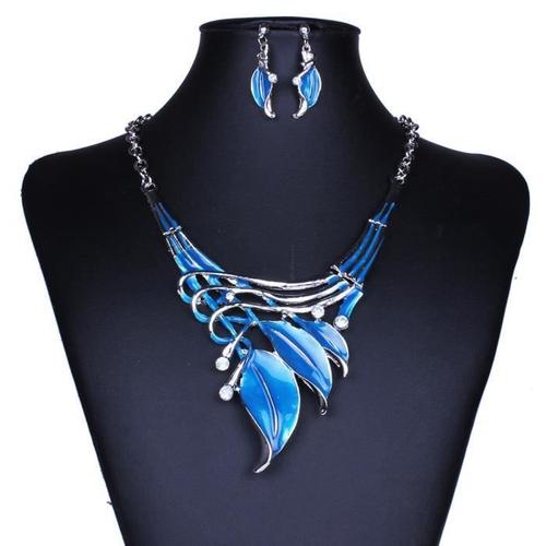 Bleu Parure Vintage Feuille Cristal Strass Ensemble Bijoux Collier Boucles D'oreilles Cadeau Femme Wyk80101