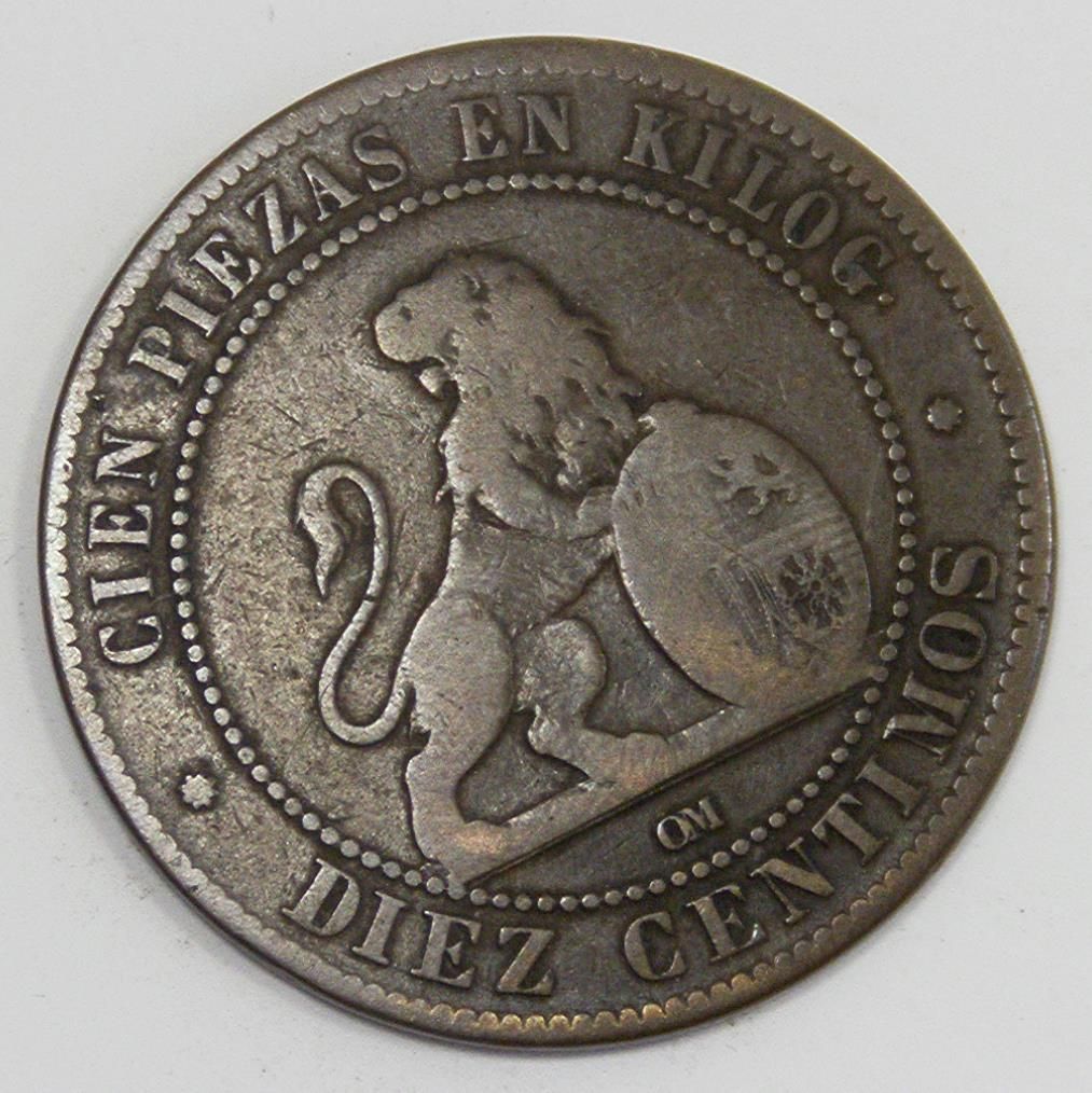 Diez Gramos 10 Centimos Bronze Tb 1870 Espagne - Pièce De Monnaie