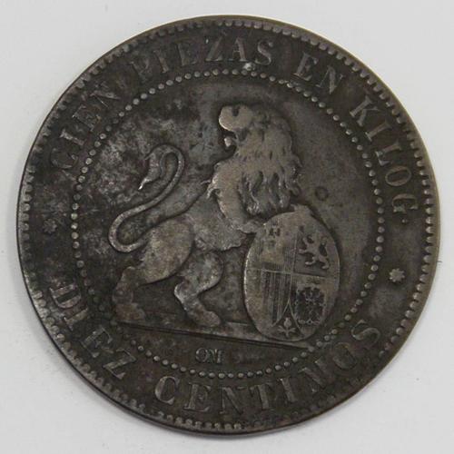Diez Gramos 10 Centimos Bronze Ttb 1870 Espagne - Pièce De Monnaie