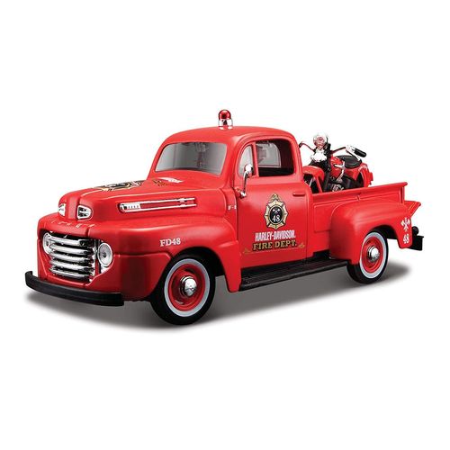 Véhicules Miniatures Die Cast 1/24 Ford F-1 Pick-Up 1948 + Moto - Rouge