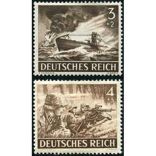 Allemagne, 3ème Reich 1943, Journée Des Héros, Très Beaux Timbres Neufs** Luxe Yvert 748 Sous Marin U-Boat En Combat Naval Et 749, Unité D'artillerie, Section D'assaut.