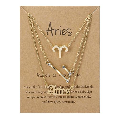 Bélier-Or - 3 Pièces/Ensemble 12 Signe Du Zodiaque Collier Pour Femmes 12 Constellation Pendentif Chaîne Ras Du Cou Bijoux'anniversaire Avec Carte En Carton