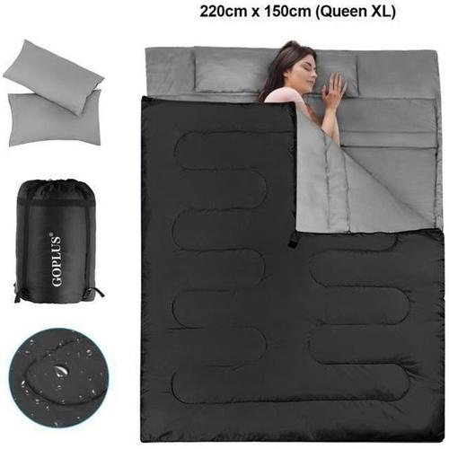 Costway Double Sac De Couchage 2 Personnes 220 X 150cm Avec 2 Oreillers Et Sac De Transport Imperméable Pour Camping Randonnée Noir