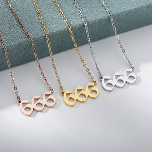 Pour666 - Placage De Platine - Collier Avec Pendentif En Acier Inoxydable Et Zircon Pour Femme, 111, 222, 333, 444, 555, 666, 777, 888, 999, 1111, Chaîne, Anniversaire