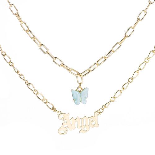 Xh0132-Bleu - Collier En Acrylique Avec Pendentifs Papillon, Style Ancien Anglais, Double Couche, Pour Babygirl, Ras Du Cou, Bijoux De Déclaration, Vente En Gros