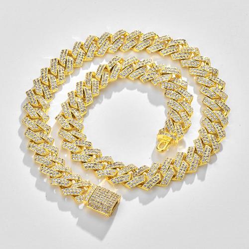 16mm Or - 30 Pouces 75 Cm - Collier En Chaîne À Maillons Cubains Pour Hommes Et Femmes, 16mm, 2 Rangées De Strass Incrustés, Miami Losange, Bijoux En Chaîne Cubaine