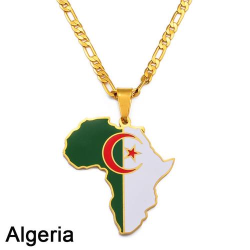 Algérie - 45 Cm Ou 17,7 Pouces - Collier Hip Hop Avec Pendentif Carte De L'afrique, Bijoux Du Ghana, Du Nigeria, Du Congo, Du Arabie Saoudite, De La Zambie Et Du Sri Lanka #207921