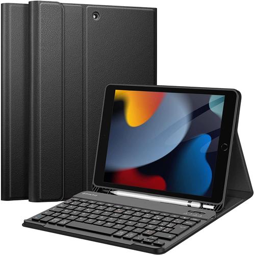 Clavier Pour Ipad 9ème Génération 2021/Ipad 8ème 2020/Ipad 7ème 2019 10.2 Pouces - Clavier Azerty Sans Fil Bluetooth, Coque Arrière Souple Housse Avec Rangement De Stylet, Noir