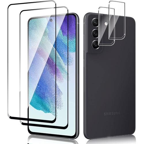 Protecteur D'écran Pour Samsung Galaxy S21 Fe 5g, 2 Pièces En Verre Trempé Et 2 Pièces De Protection D'objectif D'appareil Photo, Haute Définition Dureté 9h Sans Bulles