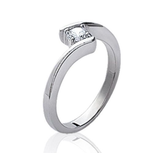 Bague Solitaire Femme - Argent 925 Massif Rhodié - Anneau Décalé Et Zircon