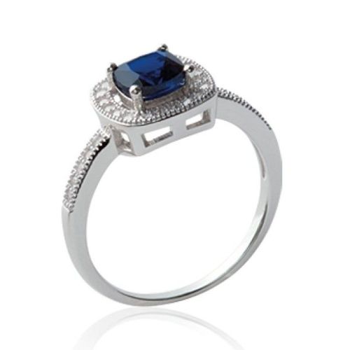 Solitaire Femme - Argent Massif 925 Rhodié - Montée Faux Diamant Bleu 4 Griffes