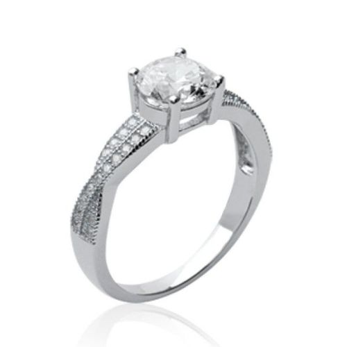 Bague Solitaire Entrelacée Femme - Argent Massif Rhodié - Zircon Rond 4 Griffes