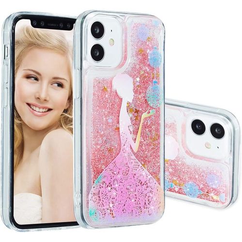 Iphone 12 Mini(5.4 Inch Coque Bling Glitter Sparkle Floating Antichoc Protective Housse Pour Phone 12 Mini (2020) Pink Princess Xyls.