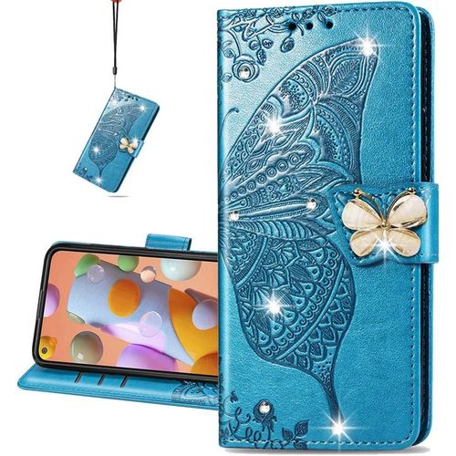 Phone For Huawei Y6p Coque Diamant Svelte Pu Bling Crystal Papillon En Relief Protecteur Flip Housse Pour Huawei Y6p Diamond Butterfly Blue Sd