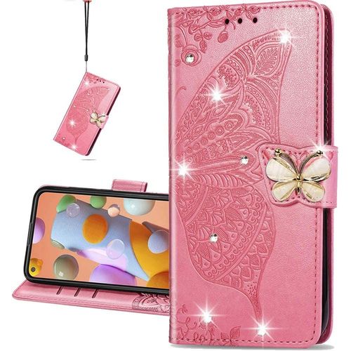 Phone For Huawei Y6p Coque Diamant Svelte Pu Bling Crystal Papillon En Relief Protecteur Flip Housse Pour Huawei Y6p Diamond Butterfly Pink Sd