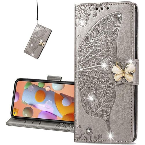 Phone For Huawei Y6p Coque Diamant Svelte Pu Bling Crystal Papillon En Relief Protecteur Flip Housse Pour Huawei Y6p Diamond Butterfly Gray Sd