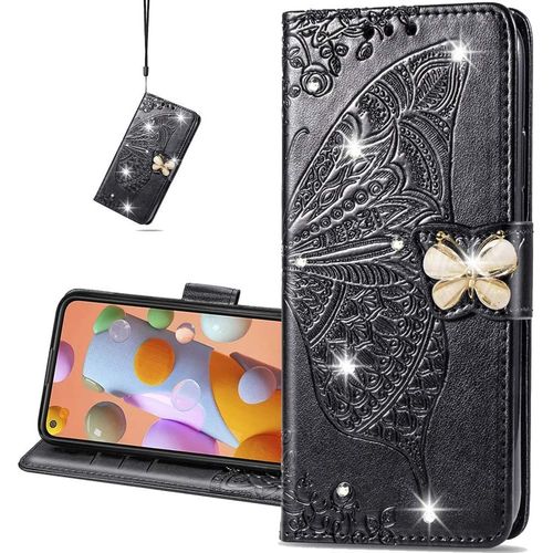 Phone For Huawei Y6p Coque Diamant Svelte Pu Bling Crystal Papillon En Relief Protecteur Flip Housse Pour Huawei Y6p Diamond Butterfly Black Sd