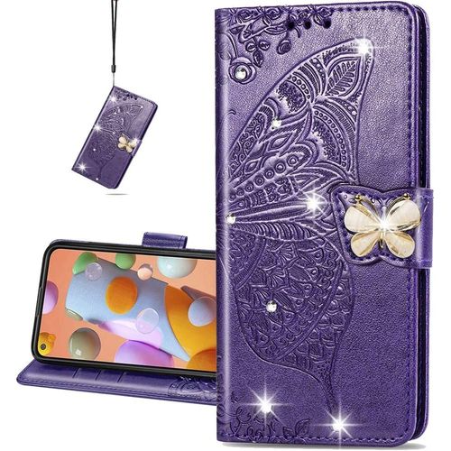 Phone For Huawei Y6p Coque Diamant Svelte Pu Bling Crystal Papillon En Relief Protecteur Flip Housse Pour Huawei Y6p Diamond Butterfly Purple Sd