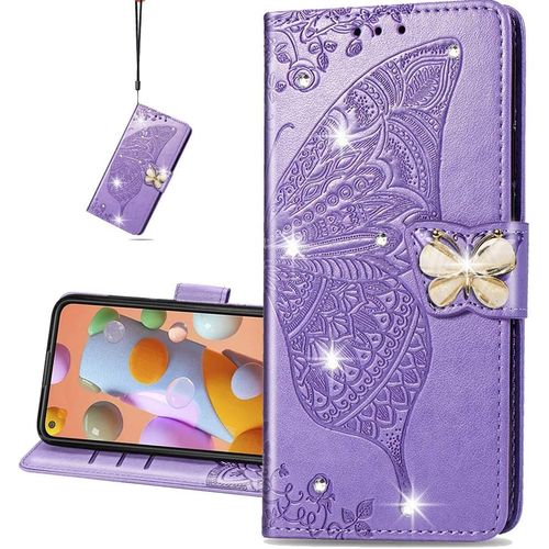 Phone For Huawei Y6p Coque Diamant Svelte Pu Bling Crystal Papillon En Relief Protecteur Flip Housse Pour Huawei Y6p Diamond Butterfly Violet Sd